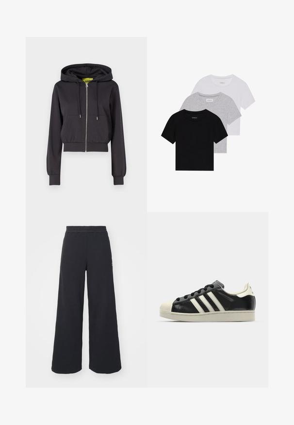 JJXX JXPALMA SHORT HODDIE - Φούτερ με φερμουάρ - phantom; Σετ τριών κοντομάνικων μπλουζών σε μαύρο, γκρι και άσπρο. Κατασκευασμένες από βαμβάκι, διαθέτουν λαιμόκοψη και απλό, μονόχρωμο σχέδιο.; Μαύρα ανοιχτά παντελόνια φόρμας από μαλακό υλικό, με ελαστική μέση και μικρό λογότυπο στην αριστερή πλευρά.; Μαύρα δερμάτινα sneakers με λευκές ρίγες, καουτσούκ προστατευτικό στην μύτη, μαύρα κορδόνια και κρεμ outsole. Λείος υφής με γυαλιστερή φινίρισμα.