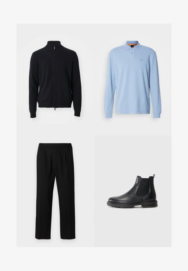 Pull en zip complet noir avec col montant, manches longues, et logo subtil sur la poitrine gauche, présenté sur un fond blanc.; Chemise polo à manches longues bleu clair en tissu texturé avec un col et une patte de boutonnage à deux boutons, portant un logo "BOSS" brodé sur la poitrine.; Pantalons noirs en tissu lisse, avec une ceinture élastique, un design à jambes droites et deux plis avant pour plus de détails.; Botte Chelsea en cuir noir avec des panneaux élastiques sur les côtés, sangle de traction, bout arrondi et semelle robuste avec des rainures de traction.