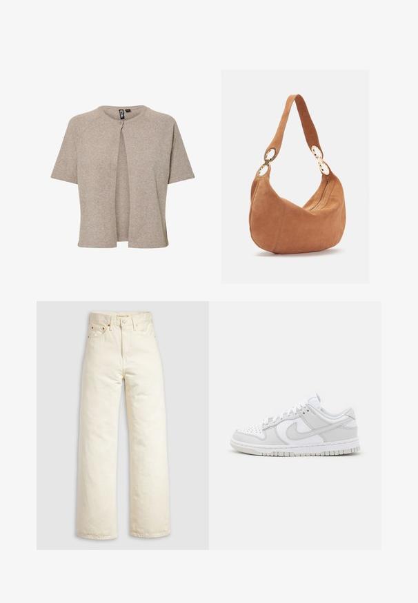 Bežani pleteni kardigan s okruglim izrezom, kratkim rukavima i prednjim kopčanjem na gumb, dizajniran u opuštenom kroju i mekoj teksturi.; Bjela pamučna majica s klasičnim okruglim izrezom, kratkim rukavima i prilagođenim oblikom. Nema vidljivih uzoraka ili akcenta.; Traperice širokih nogavica od denima u boji slonovače, s visokim strukom, bakrenim nitnama i klasičnim dizajnom s pet džepova. Teksturirano platno s urednim rubovima.; Bijele kožne tenisice s sivozlatnim naglascima, perforiranim prstom, ravnim vezicama, udobnim ovratnikom i teksturiranom gumena potplatom.; Zign LEATHER - Ručna torba - cognac