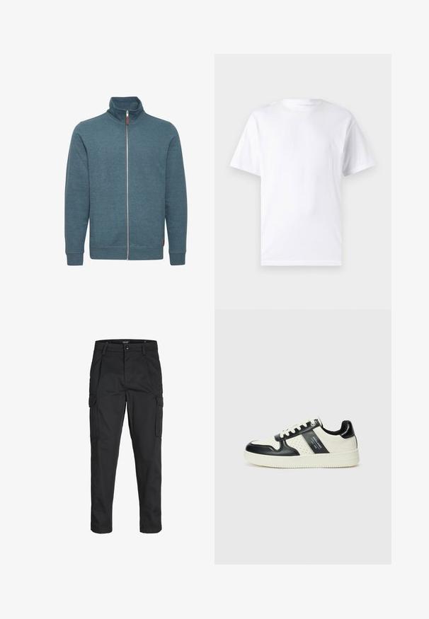 Gevoerd sweatshirt in teal, gemaakt van zachte stof. Heeft een hoge kraag, lange mouwen en twee zijzakken. Minimalistisch ontwerp zonder patronen.; Witte T-shirt met korte mouwen, gemaakt van katoen, met een ronde hals. Het heeft een gladde textuur en een eenvoudig ontwerp zonder patronen of accenten.; Zwarte cargobroek van stevig stof, met meerdere zakken, een knoopsluiting en een slim fit ontwerp met taps toelopende benen.; Leren sneakers met een zwart en crèmekleurig kleurenschema, voorzien van geperforeerde accenten, een gevoerde kraag en een gestructureerde buitenzool.