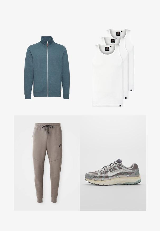 Zipperová mikina v modrozelené barvě, vyrobená z měkké tkaniny. Obsahuje vysoký límec, dlouhé rukávy a dvě boční kapsy. Minimalistický design bez vzorů.; Tři bílé žebrované tílka vyrobené z bavlny. Mají kulatý výstřih a malé černé štítky poblíž lemu. Dostupné v několika velikostech.; Šedé Nike tepláky s elastickým pasem na šňůrku, zúženými nohavicemi, bočními kapsami a charakteristickým švem. Měkká, strukturovaná tkanina.; Šedá sportovní obuv s vrchní částí z mikrovlákna a semiše, bílými akcenty, polstrovanou podrážkou a jedinečným designem s reflexními prvky.