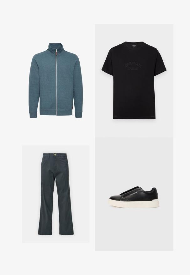 Felpa con zip di colore teal, realizzata in tessuto morbido. Caratterizzata da un colletto alto, maniche lunghe e due tasche laterali. Design minimalista senza pattern.; T-shirt in cotone nero con maniche corte e scollatura rotonda. Presenta la scritta "ORIGINALS Studio" in rilievo con lettering tonale sul davanti.; Pantaloni neri con taglio dritto, realizzati in tessuto misto cotone. Presentano una chiusura con bottone metallico e tasche laterali. Nessun motivo visibile.; Sneaker nera slip-on con parte superiore in pelle texturizzata, suola in gomma bianca e senza lacci visibili. Presenta il logo del marchio sul lato.