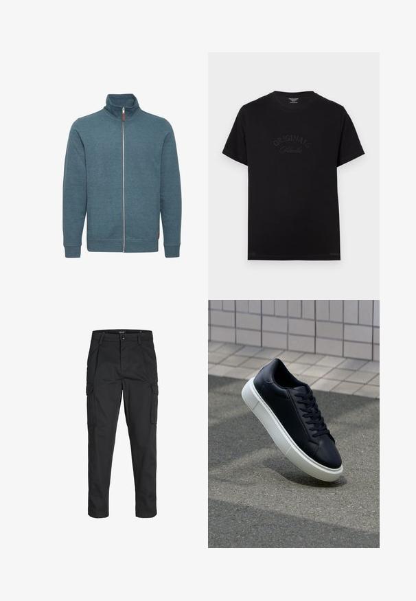 Sweatshirt zippé en teal, en tissu doux. Présente un col montant, des manches longues et deux poches latérales. Design minimaliste sans motifs.; T-shirt en coton noir à manches courtes et col rond. Présente "ORIGINALS Studio" embossé en lettres tonales sur le devant.; Pantalons cargo noirs en tissu résistant, dotés de plusieurs poches, d'une fermeture par bouton et d'une coupe slim avec des jambes fuselées.; Baskets noires en cuir avec bout arrondi et semelle en caoutchouc blanc. Elles présentent des lacets plats et une couture minimale sur la tige. Semelle texturée pour une bonne adhérence.