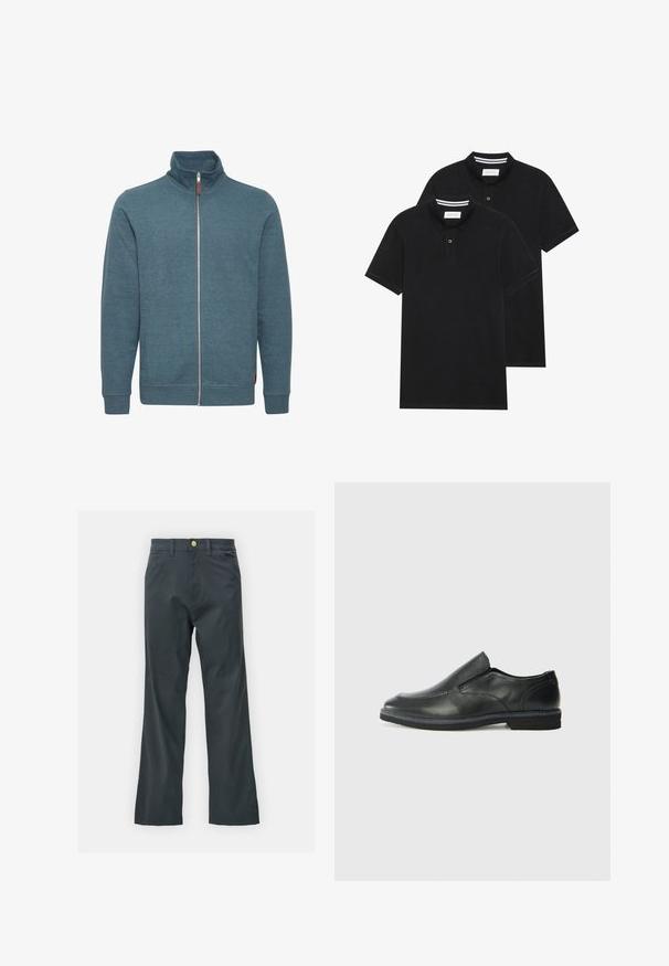 Zipperjev sweatshirt v teal barvi, izdelan iz mehkega blaga. Ima visok ovratnik, dolge rokave in dva bočna žepa. Minimalističen dizajn brez vzorcev.; Dve črne polo majice, kratke rokave, iz bombažnega materiala, z klasik ovratnikom, dvobodno zaponko in belimi črtkami znotraj ovratnika.; Črne hlače s ravnim krojem, izdelane iz mešanice bombaža. Imajo kovinsko zaponko in stranske žepe. Brez vidnih vzorcev.; Črne usnjene natikače z gladkim zgornjim delom, prišitimi detajli, zaobljenim nosom in nizkim gumijastim petkom. Podplat ima minimalen profil.