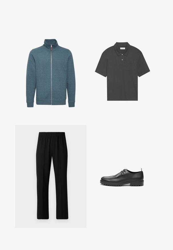 Tamsiai mėlyna užtrauktuku užsegama sportinė maikutė, pagaminta iš minkštos medžiagos. Yra aukšta apykaklė, ilgomis rankovėmis ir dvi šoninės kišenės. Minimalistinis dizainas, be raštų.; Tamsiai pilkas polo marškinėliai su tradicine apykakle, trimis sagomis, trumpomis rankovėmis ir kairiuoju krūtiniu kišeniu. Lygi audinio tekstūra.; Juodos, elastingos juosmens kelnės su tiesiomis kojomis, turinčios lygų paviršių ir be matomų raštų ar detalių.; Juodi odiniai batai su lygiu paviršiumi, suapvalintu nosiu ir dekoratyvine siuvinėjimu. Turi guminį pado su sukibimo grioveliais ir užrišimo dizainą.