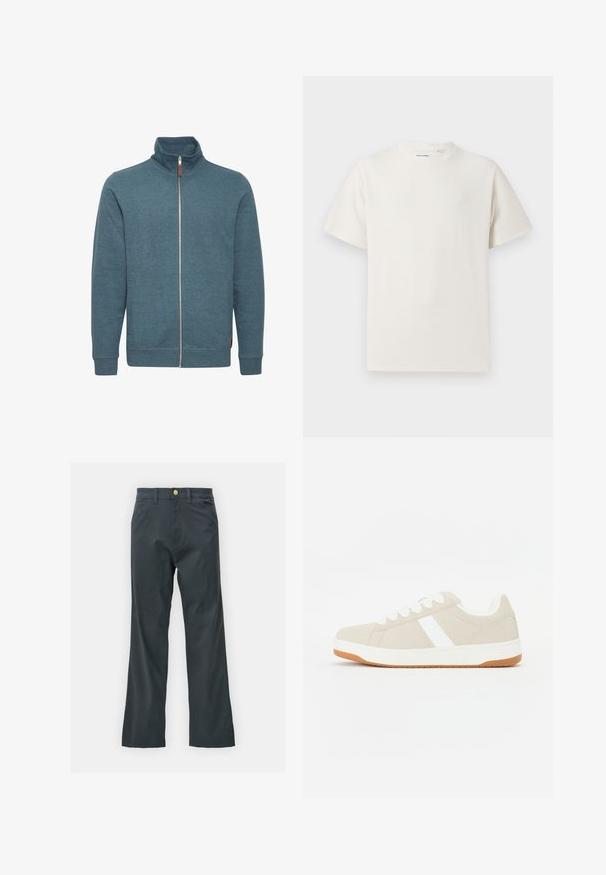 Reißverschluss-Sweatshirt in Teal, aus weichem Stoff gefertigt. Verfügt über einen hohen Kragen, lange Ärmel und zwei seitliche Taschen. Minimalistisches Design ohne Muster.; Weißes T-Shirt mit kurzen Ärmeln in gerippter Textur. Runder Ausschnitt, lockere Passform, keine sichtbaren Muster oder Akzente. Einfaches und vielseitiges Design.; Schwarze Hose mit geradem Bein, aus einem Baumwollmix. Verfügt über einen Metallknopfverschluss und seitliche Taschen. Keine sichtbaren Muster.; Beige Sneaker mit weißen Akzenten, samtiger Textur, runder Form, Schnürdesign und einer kontrastierenden Sohle aus Gummi.