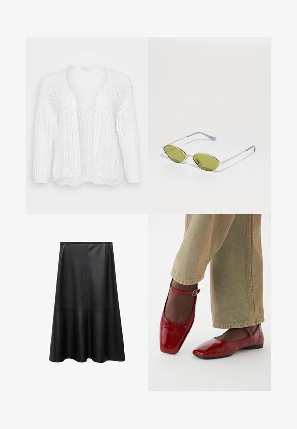 Biely pletený kardigán s otvoreným predným dielom, dlhými rukávmi a zúbkovaným lemom. Obsahuje textúrovaný, vzdušný vzor po celom povrchu.; Hnedý dlhý rukáv s výstrihom do lodičky, ktorý má veľké biele bodky a zberaný detail v páse pre priliehavý vzhľad.; Čierna kožená sukňa, A-čkový strih, po kolená, hladká textúra, detaily švov, rozšírený lem a skrytý zips na zadnej strane.; Červené lakované kožené topánky so štvorcovou špičkou, nízkym podpätkom a remienkom okolo členku, v kombinácii so svetlozelenými širokými džínsmi. Hladká textúra, reflexný povrch.; Olivové slnečné okuliare s tenkým zlatým rámom a modro akcentovanými stranicami. Oválne šošovky a minimalistický dizajn.