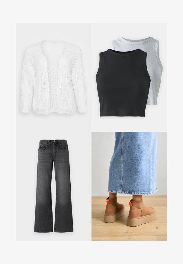 Balts adīts kardigans ar atvērtu priekšpusi, garām piedurknēm un viļņotu apakšmalu. Ievērojams ar teksturētu, gaisīgu rakstu visā virsmā.; Even&Odd Petite 2 PACK - Tops - light grey/black; Platas kājas džinsi tumši pelēkā denima. Iekļauj piecas kabatas, pogu aizdari un vieglu izbalējumu uz auduma. Klasiska šuvuma akcenti.; Brūni zamšādas platforma zābaki ar elastīgiem sānu paneļiem un oranžām cilpām, apvienoti ar līdz ceļgaliem garu gaišā denima svārku uz koka grīdas.