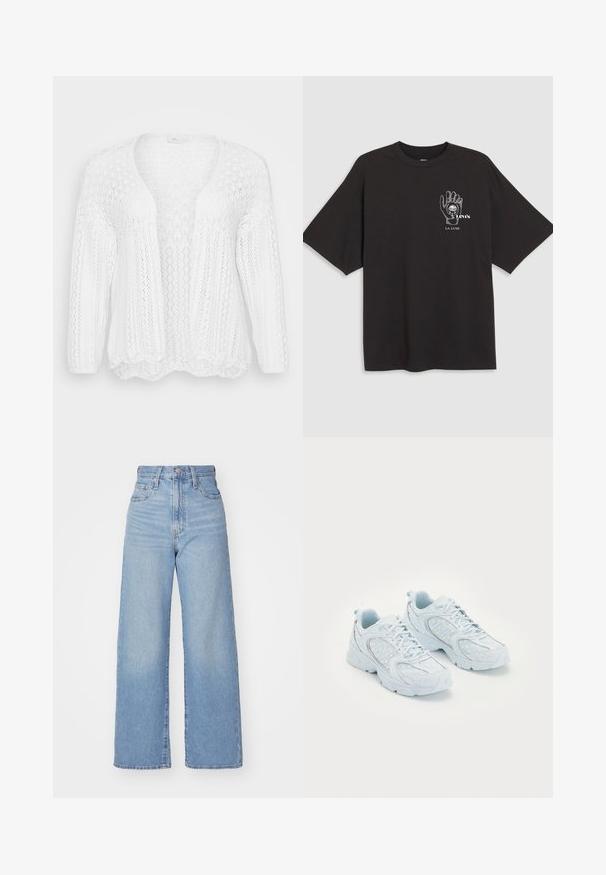 White knitted cardigan with an open front, long sleeves, and a scalloped hem. Features a textured, airy pattern throughout.; Black cotton t-shirt with short sleeves, featuring a hand graphic and text "Levi's LA LUNE" in white on the left chest area.; Light blue high-waist wide-leg jeans with front button and zip closure, front and back pockets, on a white background.; Light blue athletic shoes with a mesh and synthetic upper, featuring white polka dots and reflective accents, lace-up design, and cushioned soles.