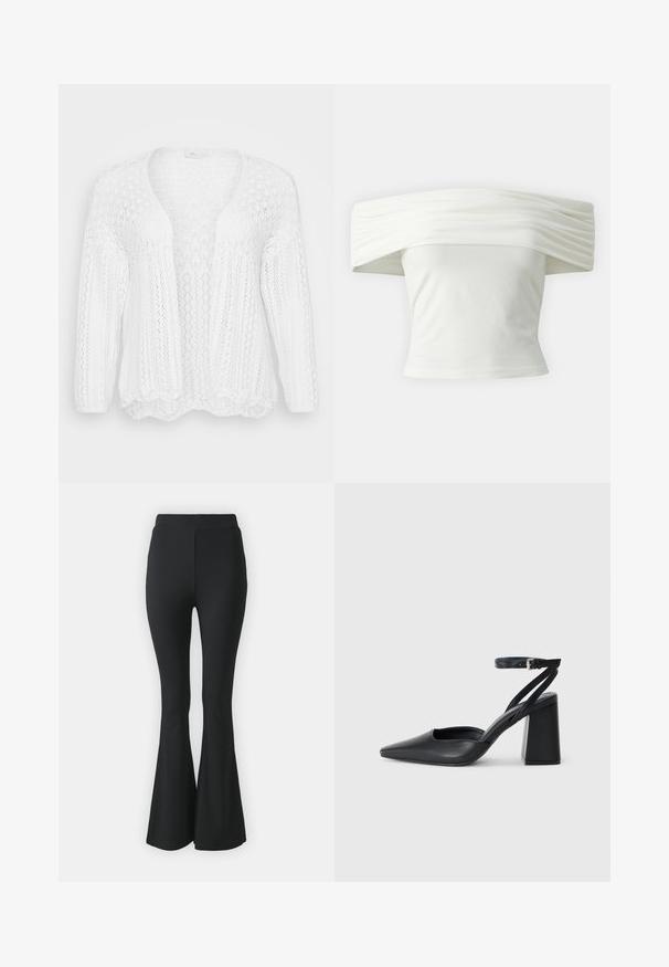 Cardigan alb tricotat cu deschidere în față, mâneci lungi și margine ondulată. Prezintă un model texturat, aerat pe toată suprafața.; Bluză albă cu umerii la vedere, cu guler plisat și structurat, și bust ajustat. Realizată dintr-un material moale, cu o textură netedă.; Pantaloni negri evazați dintr-un material elastic. Au o talie înaltă și un design neted, ajustat care se lărgește de la genunchi în jos.; Pantofii cu toc ascuțit din piele neagră, cu breteaua pentru glezne și toc gros. Textură netedă, design elegant și estetică minimală.