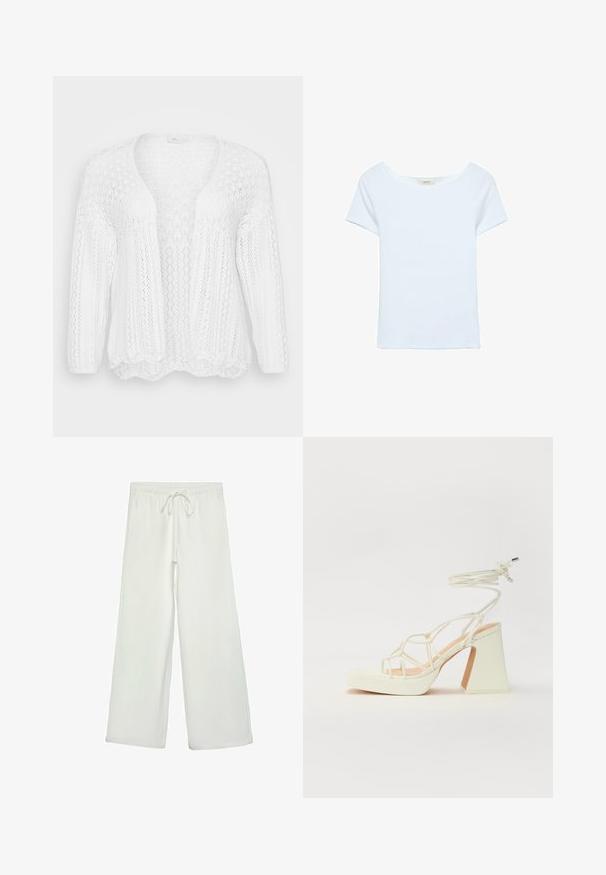 Bela pletena kardigan s odprtim sprednjim delom, dolgimi rokavi in valovitim robom. Ima teksturiran, zračen vzorec po vsej površini.; Bela majica iz ribanega materiala, z širokim izrezom in kratkimi rokavi. Preprost dizajn brez vzorcev ali okrasnih elementov.; Bele široke hlače iz mehkega blaga. Imajo elastičen pas s vrvico in gladko teksturo. Brez vidnih vzorcev ali kovinskih delov.; Bela sandala na visokih petah s debelim petam, ki ima obliko trakcev in vezanje okoli gležnja. Gladka tekstura z platformo spredaj za dodatno višino.
