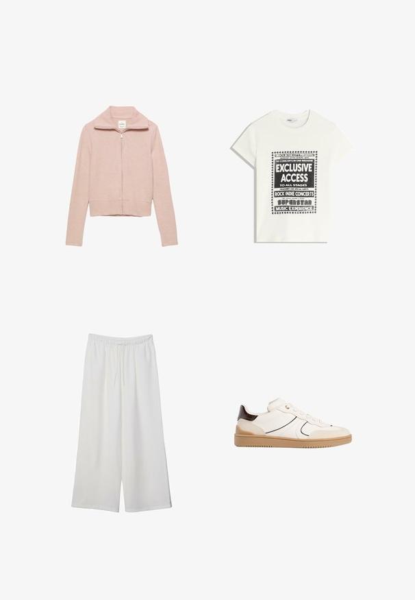 Vaaleanpunainen vetoketjullinen villapaita, jossa on ribattupääntie ja kynnikkäät helmat. Valmistettu pehmeästä materiaalista, jossa on vartalonmyötäinen muotoilu ja täysipitkä vetoketju.; Valkoinen t-paita mustalla tekstillä, joka mainostaa musiikkitapahtumaa. Siinä on tekstit "Eksklusiivinen pääsy", "Rock Indie -konsertit" ja "Superstar-musiikkikokemus."; Valkoiset leveälahkeiset housut, jotka on valmistettu kevyestä kankaasta. Niissä on joustava vyötärö ja nauha säädettävää istuvuutta varten. Sileä pinta.; Stradivarius Matalavartiset tennarit - white