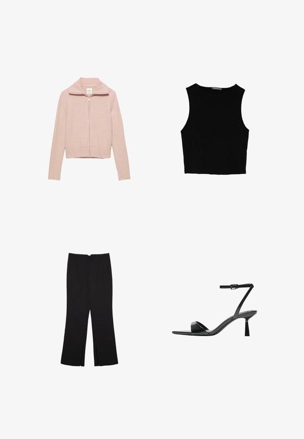 Lyserød lynlås-sweater med ribbet krave og manchetter. Fremstillet af blødt materiale, har den en tætsiddende design og en fuld frontlynlås.; Sort ærmeløs crop top lavet af glat stof, med rund hals og et rent, enkelt design uden mønstre eller hardware.; Sorte bukser med lige pasform, der har frontlommer og slidser i kanten. Lavet af blødt, glat stof. Velegnet til forskellige anledninger.; Bershka Højhælede sandaletter / Højhælede sandaler - black