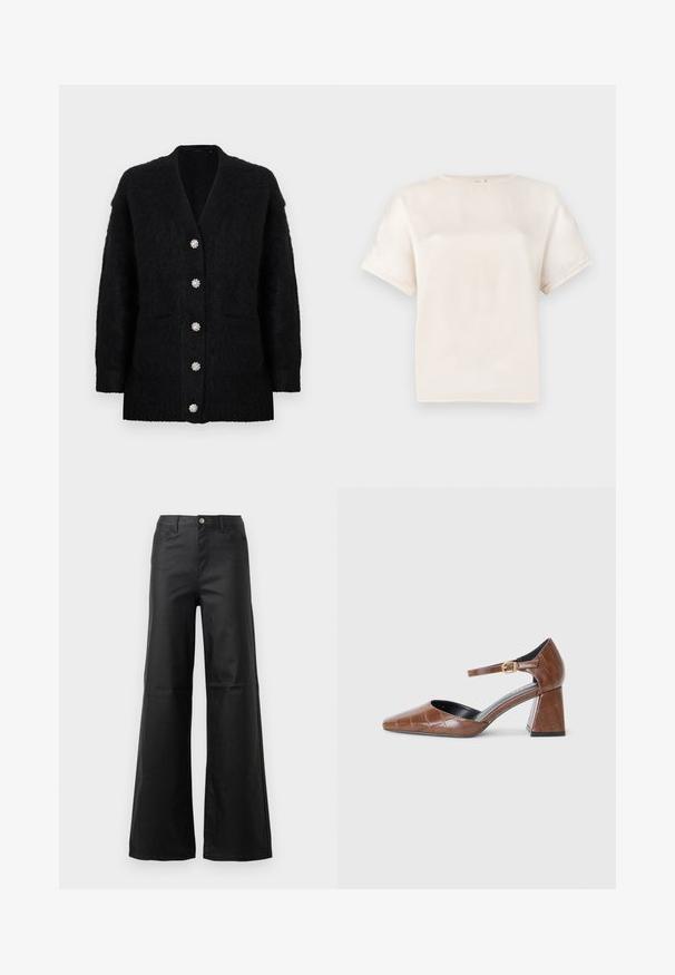 Juodas kardiganas iš minkštos, tekstūruotos medžiagos, su giliu V formos iškirpte, šešiais dekoratyviniais sagomis ir dviem priekinėmis kišenėmis.; Trumpas rankovėmis apvaliu kaklu marškinėliai kreminės spalvos, pagaminti iš lygaus audinio, su laisvu siluetu ir minimaliais siuvimo akcentais ant rankovių.; Juodi plačiakojai džinsai, pagaminti iš lygaus denimo, su sagčių uždarymu, priekinėmis kišenėmis ir aukštu juosmeniu.; Rudos patentinės odos bateliai su kvadratiniu pirštu, tekstūruotu krokodilo raštu, kulkšnies dirželiu su auksine sagtimi ir storu kulnu.