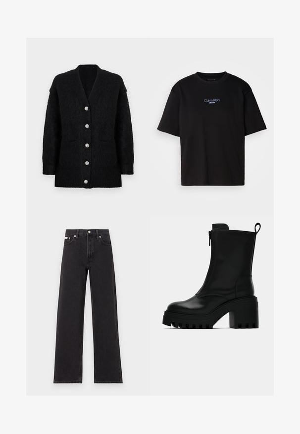 Crni kardigan od mekane, teksturirane tkanine s dubokim V-izrezom, šest ukrasnih gumba i dva prednja džepa.; Crna pamučna majica s okruglim izrezom, kratkim rukavima i plavim izvezenim logom "Calvin Klein JEANS" na prednjoj strani.; Crne široke traperice od denima, s visokim strukom, pet džepova i metalnim zatvaranjem s kontrastnim šavovima.; Crne kožne gležnjače s krupnim potplatom, blok-petom, bočnim zatvaračem i trakicom za povlačenje na stražnjoj strani, na jednostavnoj bijeloj pozadini.