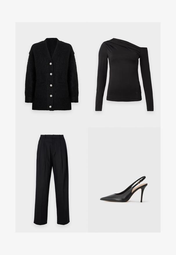 Melns kardigans no mīksta, struktūrēta auduma ar dziļu V veida izgriezumu, sešiem dekoratīviem pogu aizdares elementiem un divām priekšējām kabatām.; Melnas garām piedurknēm blūze ar asimetrisku kakla izgriezumu, kur viens plecs ir atklāts un maigā drapējuma akcenti krūšu daļā.; Melni bikses ar izsmalcinātu dizainu, kurām ir augsta josta, izgriezumi un taisnas kājas griezums. Izgatavotas no gludas auduma vienkrāsainā dizainā.; Melna ādas slingback augstpapēžu kurpe ar norādītu purngalu, gludu tekstūru un smalku siksniņu ar metalizētu sprādzi.
