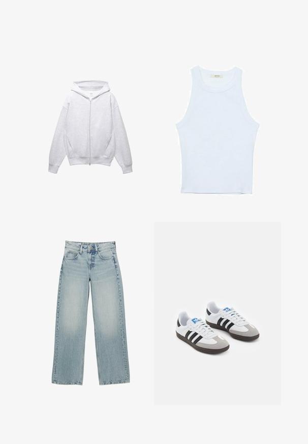 Sweatshirt zippé gris clair avec capuche à cordon de serrage, coupe ample, grandes poches latérales et poignets et ourlet côtelés, fabriqué en tissu doux.; Débardeur blanc, texture côtelée, encolure ronde, design sans manches, forme ajustée, marque discrète sur l'étiquette à l'intérieur du col.; Jeans en denim bleu clair à jambes larges avec une taille haute, dotés de cinq poches, d'une fermeture à boutons et d'un léger délavage pour un effet usé.; Baskets avec une tige en cuir blanc, un bout en daim gris et trois bandes noires. Présente un logo bleu sur la languette et une semelle en caoutchouc texturée.