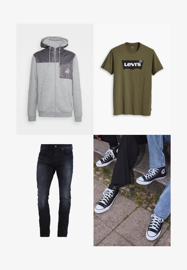 Kings Will Dream AXEL ZIP THROUGH - Camisola com fecho - grey marl; T-shirt de algodão verde-oliva com um grande logótipo preto da Levi's em forma semi-arqueada contrastante no peito. Corte regular.; Jeans ajustados azul escuro com ligeira descoloração nas coxas e joelhos, apresentando bolsos frontais, passantes para cinto e fecho com botão.; Sneakers de lona pretos de cano alto com solas e atacadores brancos, apresentando um logótipo circular de lado e combinados com calças de ganga e calças pretas.