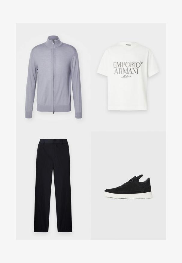 Emporio Armani CARDIGAN - Kofta - grey; Vit bomulls-T-shirt med en stor grå "Emporio Armani Milano"-logotyp på framsidan och en liten logotyp på övre vänstra sidan.; Svarta byxor med lätt, texturerad tyg, rak benmodell, elastisk midja och sidofickor med dragkedja.; Svart mockaskor med en vit gummisula, som har ton-i-ton-sömmar och snörningsdesign. Slät textur med en modern, strömlinjeformad form.