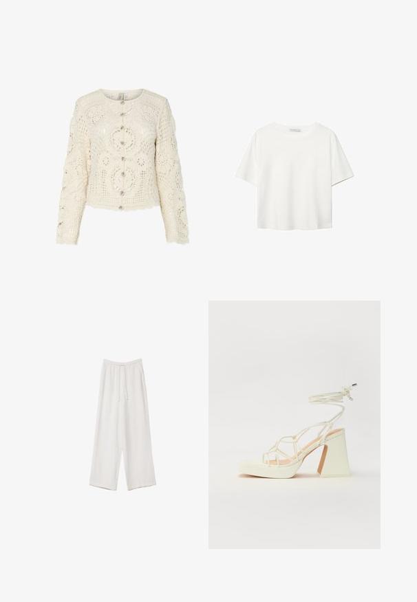 Szydełkowy kardigan w odcieniu kremowym, z kwiatowym wzorem, okrągłym dekoltem, długimi rękawami i zapięciem na guziki z falbaną u dołu.; Biała koszulka z krótkim rękawem, wykonana z bawełny. Posiada okrągły dekolt i luźny krój. Gładka faktura bez widocznych wzorów czy akcentów.; Białe spodnie o szerokich nogawkach wykonane z lekkiego materiału. Posiadają elastyczny pas z sznurkiem i boczne kieszenie. Gładka tekstura.; Biała sandał na wysokim obcasie z masywnym słupkiem, z paskowym wzorem i wiązaniem przy kostce. Gładka faktura z platformą z przodu dla dodatkowej wysokości.