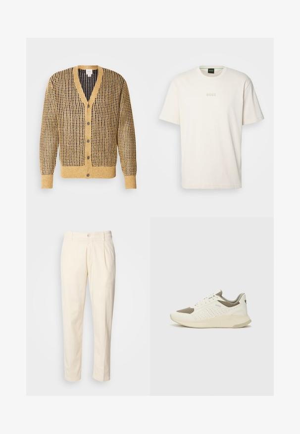 Pleteni kardigan u senfu i mornarsko plavoj boji, s teksturalnim uzorkom, V-izrezom i pet dugmadi uz prednju stranu. Dugi rukavi.; BOSS TEE - Osnovna majica kratkih rukava - open white; Kremaste pamučne hlače ravnog kroja, s prednjim nabranjima, zatvaranjem na dugme i bočnim džepovima. Glatka tekstura.; Bijele i svijetlosmeđe sportske tenisice, sa mrežastim gornjim dijelom, perforiranim detaljima i teksturiranim međutrakom sa brendom na peti.