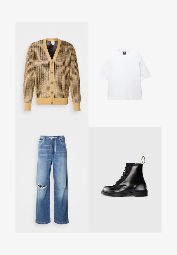 Cardigan tricotat în nuanțe de muștar și bleumarin, cu un model texturat, decolteu în V și cinci nasturi pe față. Mâneci lungi.; Tricou alb cu mânecă scurtă, confecționat din bumbac, având un decolteu rotund și o croială lejeră cu tiv drept. Fără modele sau broderii.; Blugi din denim de culoare albastru deschis, cu o croială lejeră, având un cordon alb la talie și rupturi distincte în față, arătând margini destrămate.; Botine negre din piele cu un finisaj lucios, cu opt găuri pentru șireturi, șireturi negre și o bandă de tragere. Au un talpă texturată cu model.