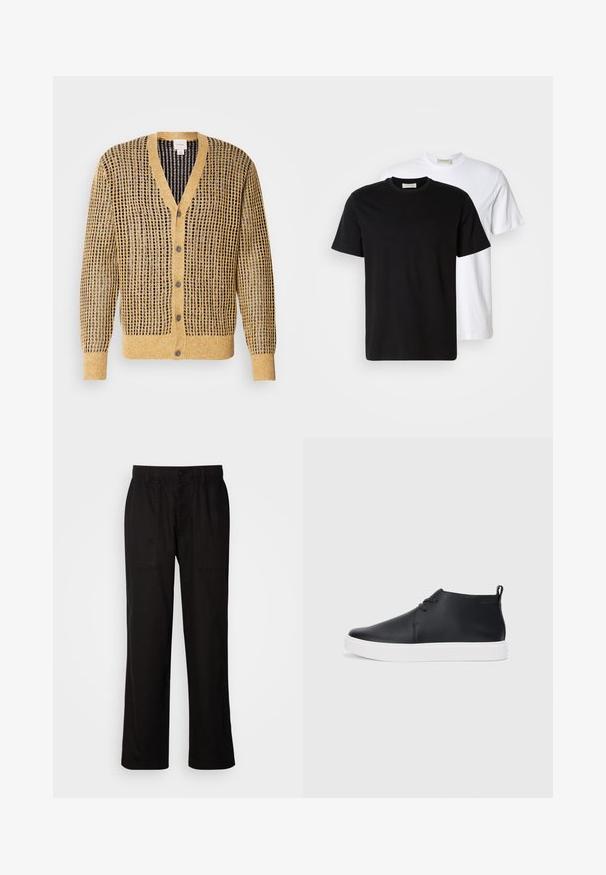 Knitted cardigan in mustard and navy, featuring a textured pattern, V-neck, and five buttons along the front. Long sleeves.; Two plain cotton T-shirts, one black placed in front of a white one, both with short sleeves and round necklines.; Black pants with a relaxed fit, made from lightweight fabric. Features an elastic waistband, button closure, and two front pockets.; Black leather high-top sneakers with a smooth finish, white rubber sole, and simple lace-up design. Features a pull tab at the back.