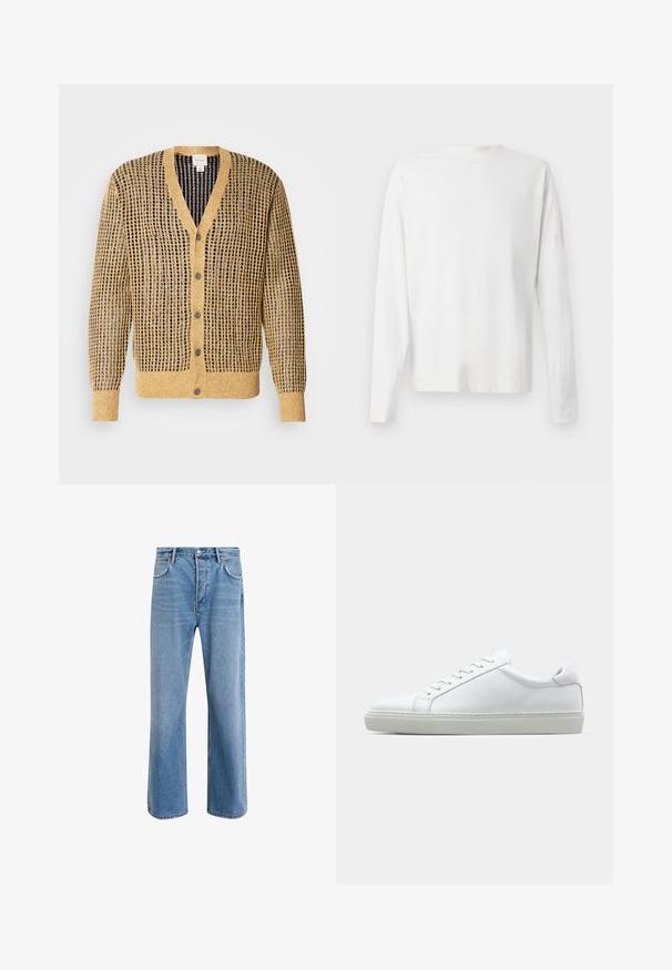 Gilet en tricot moutarde et marine, avec un motif texturé, col en V et cinq boutons à l'avant. Manches longues.; Chemise en coton blanc à manches longues avec un col rond, fentes latérales en bas et une texture lisse, présentée de dos.; Jeans en denim bleu clair avec une coupe droite, cinq poches, fermeture à bouton, peu d'usure et des détails de couture contrastés.; Sneaker blanche avec une tige en cuir lisse et un profil bas. Présente un bout arrondi, six œillets et une semelle en caoutchouc texturé.