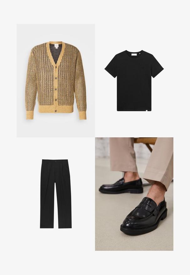 Knitted cardigan in mustard and navy, featuring a textured pattern, V-neck, and five buttons along the front. Long sleeves.; Black short-sleeve T-shirt made of cotton, featuring a crew neck and a small logo embroidered on the chest. Smooth texture, standard fit.; Black pants with a straight-leg design, made from a smooth fabric. Features front pleats and a single button closure at the waist.; Black leather loafers with a smooth finish, featuring a decorative strap and contrast stitching, paired with beige trousers.