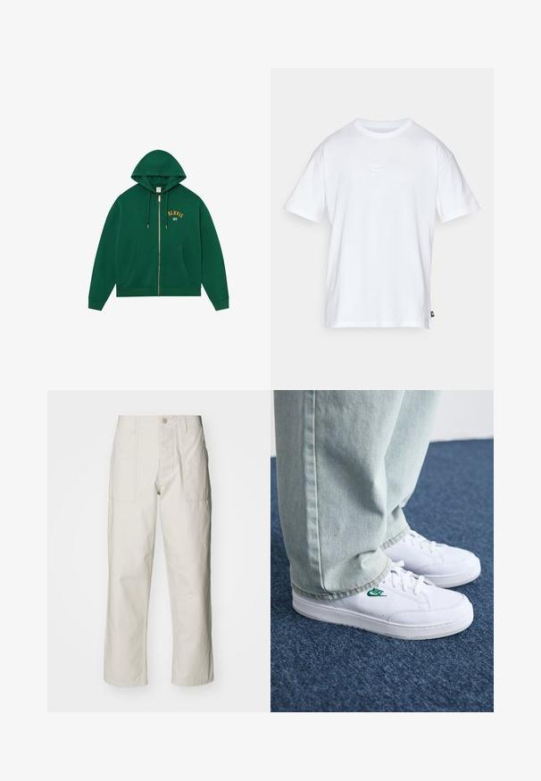 Green zip-up hoodie with a kangaroo pocket, drawstring hood, and gold "BLKVIS NY" lettering on the chest. Soft fabric with ribbed cuffs.; White cotton t-shirt with short sleeves and a round neck. Features a small, subtle Nike logo on the chest and a side label.; Light beige wide-leg pants made of cotton. Features front pockets and a button closure. Smooth texture with subtle vertical lines.; White leather sneakers with green Nike logo, round toe, flat sole, paired with light blue denim pants, shown on a blue carpet.