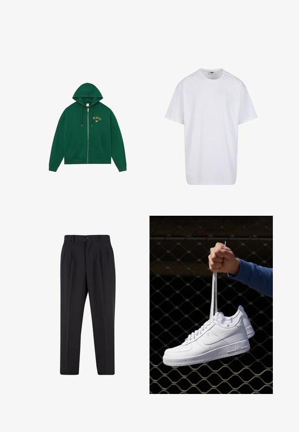 Green zip-up hoodie with a kangaroo pocket, drawstring hood, and gold "BLKVIS NY" lettering on the chest. Soft fabric with ribbed cuffs.; White cotton t-shirt with short sleeves, rounded neckline, relaxed fit, and no visible logos or patterns. Smooth texture and minimal design.; Black trousers with a pleated front design, made from smooth fabric. Features a button closure and belt loops; straight-leg fit.; White leather sneakers with perforations, round toe, flat sole, and thick laces, featuring a visible swoosh logo and "AIR" on the heel.
