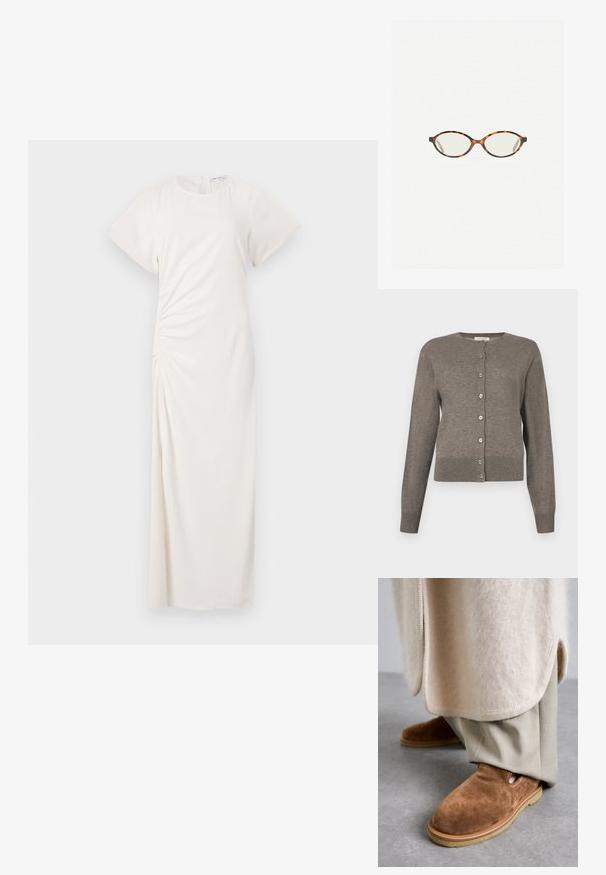 Graue Damen-Strickjacke mit langen Ärmeln, Rundhalsausschnitt und durchgehender Knopfleiste vorne.; Weißes Kleid mit kurzen Ärmeln, rundem Ausschnitt und seitlicher Raffung; glattes Material mit bodenlangen Silhouette.; Braune Wildleder-Slipper mit runder Zehenform, Gummisohle und seitlichem Cutout-Detail, kombiniert mit hellbeigen, maßgeschneiderten Hosen.; Schildpatt-Eyegläser mit ovalen Gläsern und einer eleganten, glatten Oberfläche. Mit dünnen Seiten und einer subtilen Kurve an den Schläfen. Klare Gläser.