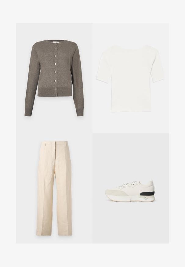 Women's grey long-sleeve cardigan with round neckline and full button-down front closure.; White ribbed short-sleeve top with a wide neckline. The texture features vertical stripes, emphasizing a snug fit and simple design.; Beige linen trousers with a loose fit, pleated front, and straight legs. Features a waistband with belt loops and no visible pockets.; White sneaker featuring a textured suede toe cap, smooth mesh upper, decorative laces, and a black rubber heel accent.