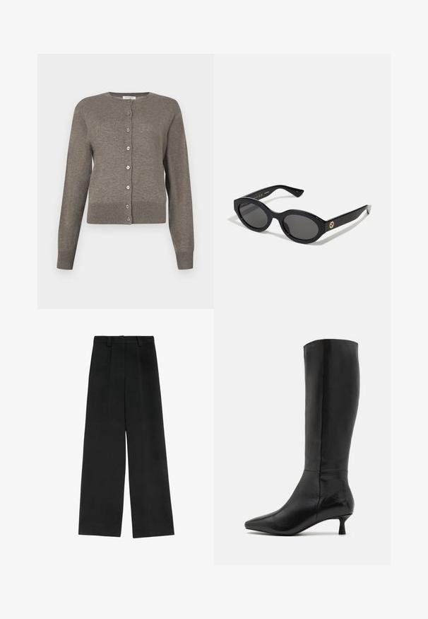 Dames grijze cardigan met lange mouwen, ronde hals en volledige knoopsluiting aan de voorkant.; Witte katoenen t-shirt met korte mouwen en een ronde halslijn. Heeft een relaxte pasvorm en een minimalistisch ontwerp zonder patronen of accenten.; Zwarte wijde broek met hoge taille, voorzien van twee plooien aan de voorkant, riemlussen en een gladde textuur. Geen zakken of zichtbare hardware.; Zign Laarzen - black; Zwarte ovale zonnebril met donkere glazen en een glanzend kunststof frame. Heeft een gouden logo op de poot, dat een strakke en moderne uitstraling biedt.