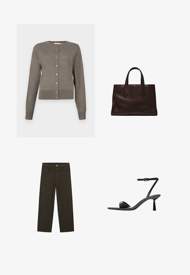Cardigan da donna grigio con maniche lunghe, scollo rotondo e chiusura frontale con bottoni su tutta la lunghezza.; T-shirt in cotone marrone, maniche corte, collo a giro, vestibilità abbastanza ampia, texture liscia, design minimalista, senza motivi o dettagli visibili.; Jeans a gamba larga di colore verde scuro, realizzati in tessuto misto cotone, dotati di chiusura con bottone frontale, cinque tasche e cuciture classiche in denim.; Bershka Sandali con tacco - black; Borsa a spalla in pelle marrone con due manici lunghi, forma rettangolare strutturata, texture liscia e dettagli di cucitura sottili.