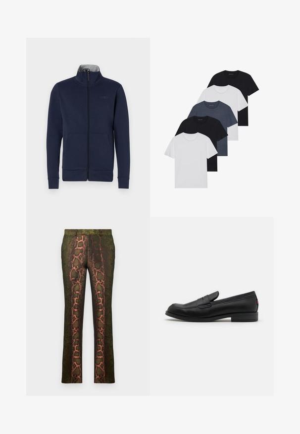 Marinejakke med glidelås i mykt stoff, med ståkrage, to frontlommer og ribbestrikkede mansjetter og kant. Diskret logo på brystet.; Sett av fem t-skjorter i svart, hvit og marineblå. 100% bomull, kortermet, rund halsdesign og ensfarget uten mønstre.; Grønne mønstrede bukser med et slangeprint-design i nuancer af brun og orange, lige snit og en glat tekstur.; Sorte lærlofter med en glat overflade, rund tå og en lille dekorativ flap. Har en lav stablet hæl og diskret brandingdetalje.