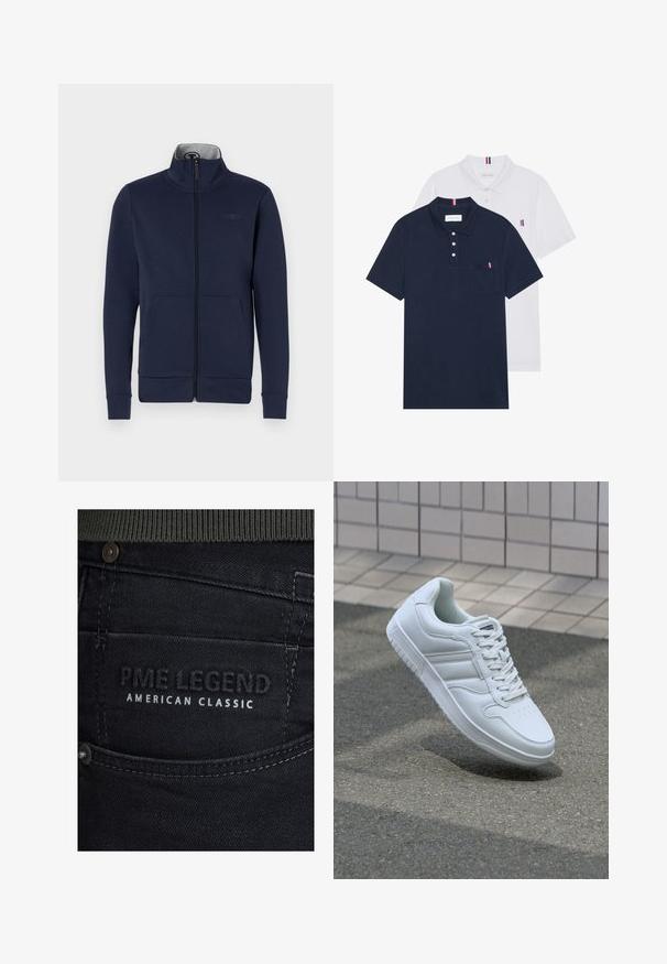 Námořnická zipová bunda z měkké tkaniny, s stojáčkovým límcem, dvěma předními kapsami a ribovanými manžetami a spodním lemem. Diskrétní detail loga na hrudi.; Dvě polo trička: jedno námořnické modré a jedno bílé, obě s malým červeným, bílým a modrým akcentem na kapse a límci.; Černé denimové džíny mají texturovaný povrch s jemným leskem. Na štítku je vyraženo "PME LEGEND AMERICAN CLASSIC" bílými písmeny.; Bílé sportovní tenisky s hladkým koženým svrškem, šněrovacím předním dílem, perforovanou špičkou a vzorovanou podrážkou. Minimalistický design se třemi bočními pruhy.