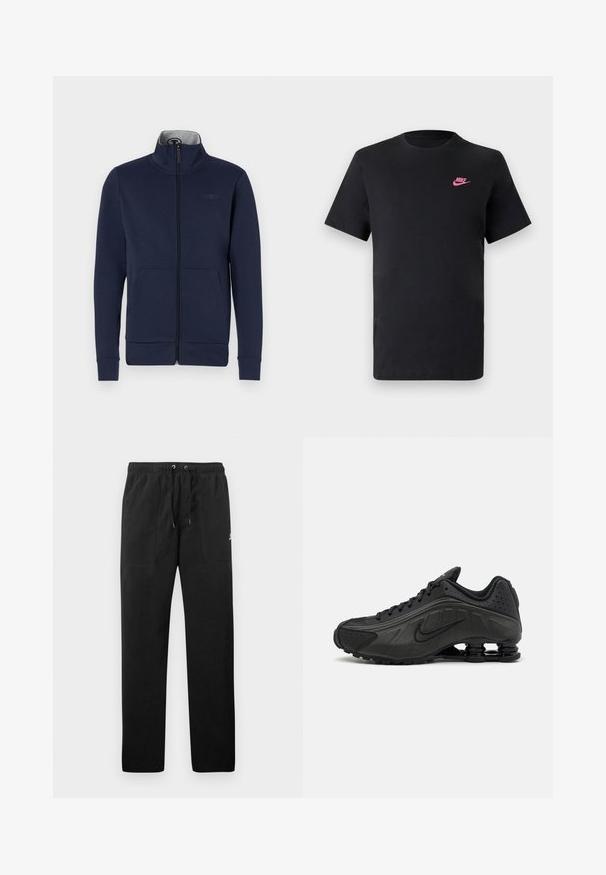Casaco de fecho no peito em tecido suave, na cor azul-marinho, com colarinho alto, dois bolsos frontais e punhos e bainha canelados. Detalhe discreto do logótipo no peito.; T-shirt de algodão preto com decote redondo e mangas curtas. Apresenta um logótipo da Nike rosa no lado superior esquerdo. Textura suave.; Calças de fato de treino pretas feitas de polar, com uma cintura elástica e cordões, dois bolsos frontais e um pequeno logótipo na coxa.; Ténis de corrida pretos com um upper sintético suave, acentos perfurados, painéis laterais texturizados e uma sola distinta e elástica.