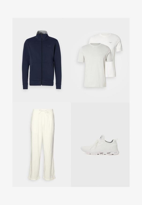 Tume sinine tõmbluku tähiga jakk pehmest kangast, millel on seisev krae, kaks esitaskut ning ribakudumitega varrukad ja hem. Rinna peal on diskreetne logo.; Kaks lühikese varrukaga t-särki heledates halli ja valge värviga. Mõlemal on ümar kaelus ja õrn brändi logo rinna peal. Pehme puuvillane materjal.; Lina püksid tühjas valges, millel on paelaga vöökoht, veidi laiemad sääred ja keeratud varrud mugavaks istumiseks. Taskud puuduvad.; Valged sportijalatsid, millel on tekstuuriga kudum peal, lame paelad ja pehmendatud tallad nähtavate õhukambritega täiendava toe jaoks.