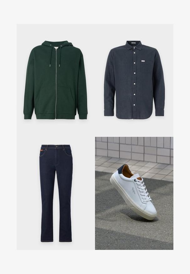 Haut zippé vert foncé en tissu mélangé coton. Doté d'une capuche à cordon, de poches avant et de poignets côtelés. Texture lisse.; Chemise à manches longues bleu foncé en lin, avec un col boutonné, une poche avant et des boutons blancs. Logo Wrangler sur la poche.; Jeans en denim bleu foncé avec une coupe droite, ornés de coutures orange, de cinq poches et d'une fermeture à bouton à la taille.; Sneaker en cuir blanc avec un talon bleu marine, bout rond et accents marron contrastés. Dispose de lacets plats et d'une semelle en caoutchouc texturée.