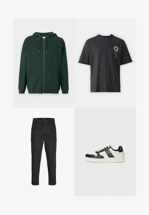 Sötétzöld cipzáras kapucnis pulóver pamut keverék anyagból. Kábelhúzóval ellátott kapucnival, elülső zsebekkel és bordázott mandzsettákkal rendelkezik. Simaság jellemzi.; Fekete pamut póló rövid ujjakkal, kerek nyakkal, elől nap és hold grafikával, mellette a "Le Soleil et La Lune" szöveggel.; Fekete cargo nadrág, amely tartós anyagból készült, több zsebet tartalmaz, gombos záródással rendelkezik, és karcsú szabású, szűkített lábakkal bír.; Fekete és krém színű bőrsneaker, perforált díszítésekkel, párnázott bokapánttal és texturált talppal.