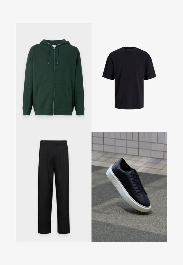 Tamnozeleni zip-svetar izrađen od mješavine pamuka. Ima kapuljaču s vezicom, prednje džepove i rebraste manžetne. Glatka tekstura.; Crna pamučna majica s okruglim izrezom, kratkim rukavima i opuštenim krojem. Glatka tekstura bez vidljivih uzoraka ili dekoracija.; Crne hlače od glatkog materijala, s dizajnom ravnih nogavica, dva prednja nabora i standardnim pojasom s petljama za remen.; Crne kožne tenisice s zaobljenim vrhom i bijelim gumiranim potplatom. Imaju ravne vezice i minimalno šivanje na gornjem dijelu. Teksturirani potplat za bolje prianjanje.