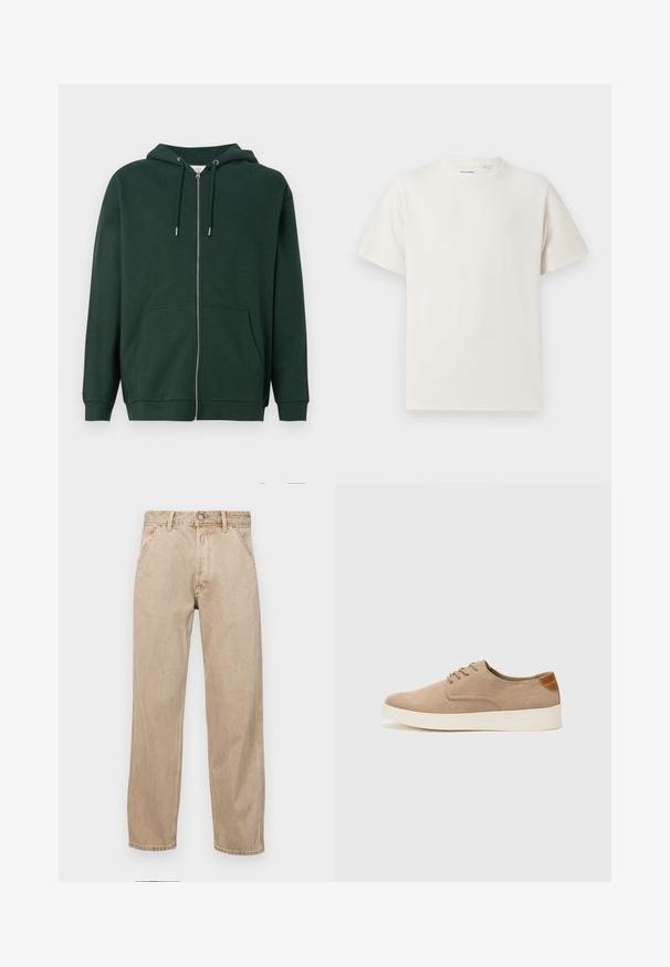 Dark green zip-up hoodie made of cotton blend fabric. Features a drawstring hood, front pockets, and ribbed cuffs. Smooth texture.; White short-sleeve T-shirt in a ribbed texture. Round neckline, relaxed fit, no visible patterns or accents. Simple and versatile design.; Beige denim jeans with a straight leg design, featuring front pockets, a metal button closure, and subtle texture.; Beige suede sneakers with a rounded toe, lace-up front, and a textured back accent. White rubber sole provides contrast. Simple and modern design.