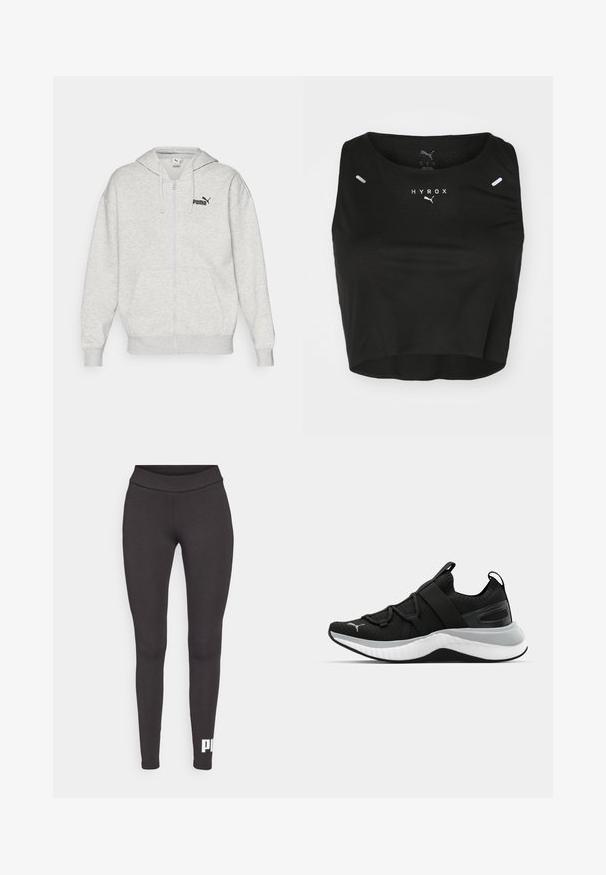 Lys grå hettejakke med glidelås laget av bomullsblanding, med en frontlomme, ribbestrikkede mansjetter og en liten svart Puma-logo på brystet.; Svart cropped tanktop laget av teksturert stoff, med rund hals, hvit logo og to små reflekterende detaljer på skuldrene.; Sorte leggins laget av elastisk stoff, med høy midje og en hvit logo trykt på nedre venstre ben. Glatt tekstur.; Sorte treningssko med en teksturert overdel, elastiske stropper og en tykk hvit mellomsåle. Har en grå aksent langs sålen.