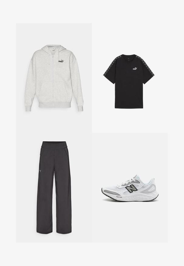 Sudadera con cremallera de color gris claro, fabricada en una mezcla de algodón, que cuenta con un bolsillo frontal, puños acanalados y un pequeño logo negro de Puma en el pecho.; Camiseta negra de manga corta hecha de algodón. Presenta el logo blanco de Puma en el pecho y acentos decorativos en los hombros. Corte estándar y cuello redondo.; Pantalones deportivos negros con una cinturilla ancha, bolsillos laterales y costuras planas. Presenta un pequeño logo en la pierna izquierda. Fabricado con una tela suave y elástica.; Zapatillas deportivas blancas con parte superior de malla, acentos en negro y gris, diseño ligero, amortiguación Fresh Foam y suela de goma texturizada.