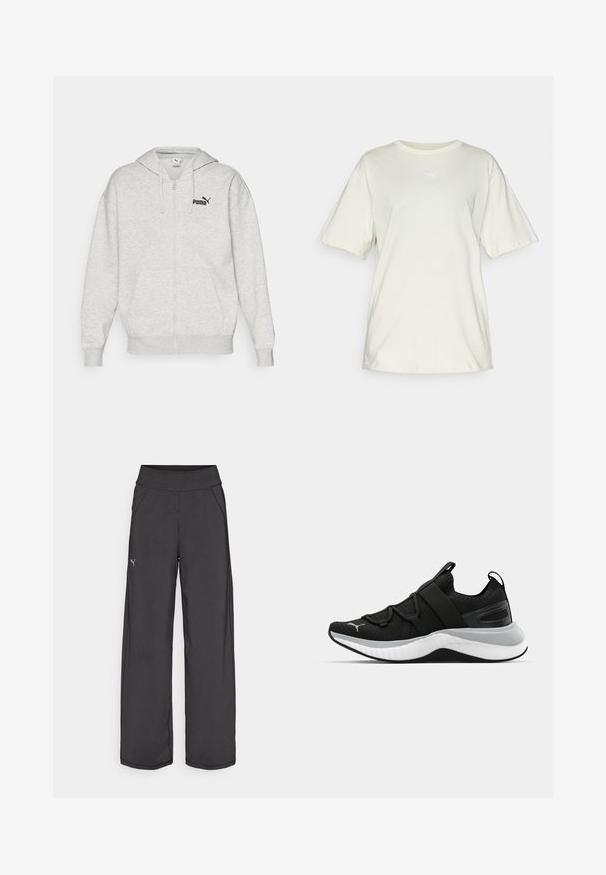 Világosszürke, cipzáros kapucnis pulóver, pamut keverékből készült, elöl zsebbel, bordás mandzsettákkal és egy kis fekete Puma logóval a mellkasán.; Világos bézs színű pamut póló rövid ujjal, kerek nyakkal, és a mellkas közepén egy kis fehér Puma logóval. Puha, laza szabású.; Fekete sportnadrág széles derékpánttal, oldalsó zsebekkel és sík varratokkal. A bal lábon található egy kis logó. Sima, rugalmas anyagból készült.; Fekete sportcipő textúrázott felső résszel, rugalmas pántokkal és vastag fehér középtalppal. Szürke akcentussal rendelkezik a talp mentén.