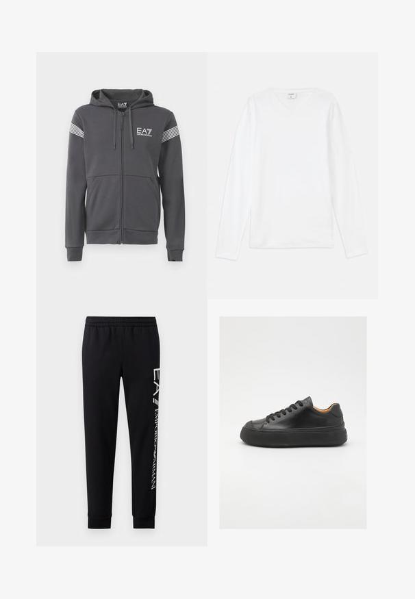 Szürke zipzáros kapucnis pulóver puha anyagból készült. Elöl logóval, az ujjakon csíkozott díszítéssel és kenguru zsebekkel rendelkezik.; Fehér, hosszúujjú póló, V-nyakkal, puha anyagból készült, laza fazonú, oldalsó hasítékokkal a szabad mozgás érdekében.; Fekete pamut keverékből készült melegítőnadrág, elasztikus derékkal, tapered lábakkal, bordás mandzsettákkal és fehér logónyomattal az oldalon.; Fekete bőr sportcipő kerek orral, fűzős elejével, sima textúrájával, vastag gumitalpával és kontrasztos barnás belsejével.