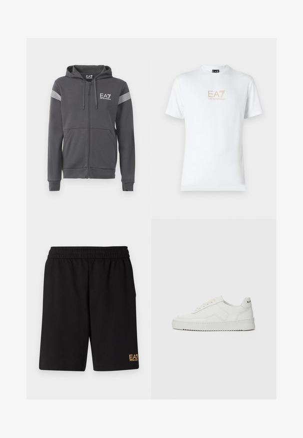 Grå hettejakke med glidelås laget av myk stoff. Har en logo foran, stripete detaljer på ermene og kengurulommer.; Hvit bomulls t-skjorte med rund hals og korte ermer, med en gullfarget EA7 Emporio Armani-logo trykket på fronten.; Sorte treningsshorts laget av mykt stoff, med elastisk midje og en liten gul EA7-logo nederst på venstre ben.; Hvite lærersneakers med en jevn overflate, rund tå, flate lisser og en teksturert såle. Har en subtil logo på hælen.