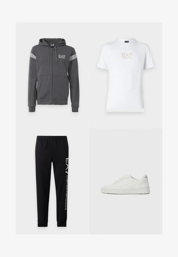 Szürke zipzáros kapucnis pulóver puha anyagból készült. Elöl logóval, az ujjakon csíkozott díszítéssel és kenguru zsebekkel rendelkezik.; Fehér pamut póló, kerek nyakkivágással és rövid ujjakkal, az elején arany EA7 Emporio Armani logóval nyomtatva.; Fekete pamut keverékből készült melegítőnadrág, elasztikus derékkal, tapered lábakkal, bordás mandzsettákkal és fehér logónyomattal az oldalon.; Fehér bőr sportcipő sima felülettel, kerek orral, lapos fűzőkkel és texturált talppal. Finom logó található a sarokon.