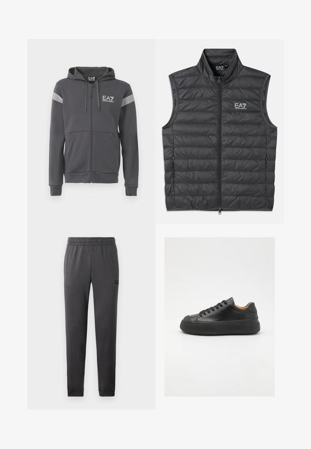 Siva zip-up dukserica od mekanog materijala. Sadrži prednji logo, prugaste akcentne detalje na rukavima i kengurske džepove.; Crni prsluk s jastučićima, visokim ovratnikom, prednjim zatvaračem i bočnim džepovima. Sadrži horizontalne šavove i EA7 logo na gornjem lijevom dijelu.; Tamno siva pamučna majica s kratkim rukavima, regularnog kroja, s malim crnim EA7 logom na lijevoj strani prsnog koša. Glatka tekstura, klasični dizajn s okruglim izrezom.; Sive donje trenirke od glatkog materijala, s elastičnom trakom oko struka i suženim nogavicama. Minimalno brendiranje sa strane.; Crne kožne tenisice s okruglim vrhom, vezanjem sprijeda, glatkom teksturom, debelim gumenim potplatom i kontrastnim svijetlosmeđim unutrašnjim dijelom.
